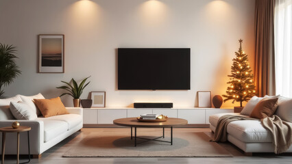New Year and Christmas interior of the living room with a large soft sofa and a large TV
