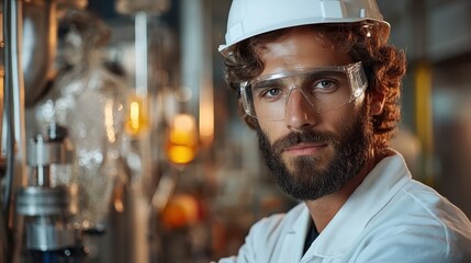 A young scientist with a beard and curly hair, dressed in a white lab coat, works with advanced lab equipment, representing innovation and research dedication.