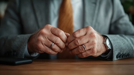 A scene depicting a person's hands resting calmly on a table, showcasing a poised demeanor, hinting at a moment of reflection or preparation.