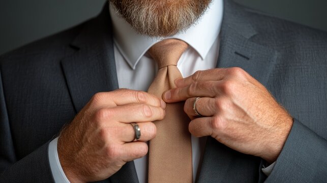 A close-up view of a man's hands adjusting his tie while wearing a sophisticated suit, emphasizing professionalism and attention to detail and style.