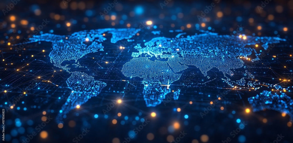 Aufkleber grid sectors on modern blue world maps with point lights and wave wireframes. concepts used in digit
