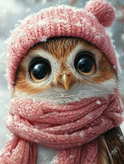 Obraz premium Adorable owl wearing a pink knitted hat and scarf in the snow.