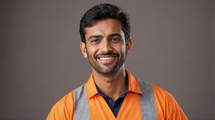 Obraz premium A man wearing an orange work shirt smiles at the camera