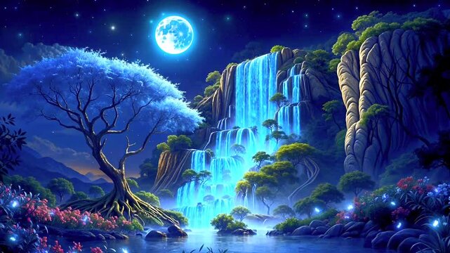 the atmosphere of a waterfall in the mountains when the moon shines
