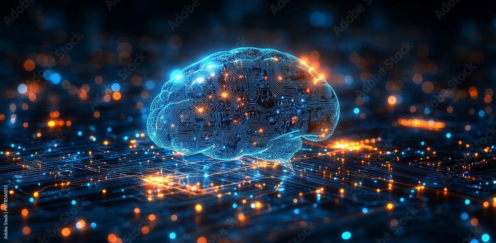 Poster an illustration of a digital circuit network in the shape of a brain. inventions and technologies of