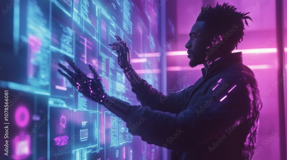 Poster man interacting with futuristic interface