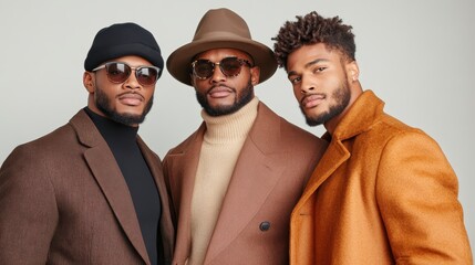 Three confident men stand together, exuding style in coordinated brown and beige jackets with fashionable hats and eyewear, showcasing a modern sense of fashion.