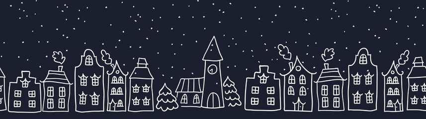 Cute hand drawn seamless doodle houses, christmas town with stars and decorated houses, great for banners, wallpapers, invitations - vector design © TALVA