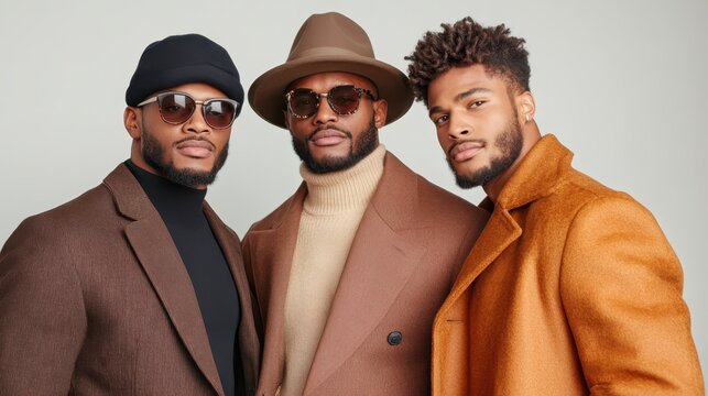 Three confident men stand together, exuding style in coordinated brown and beige jackets with fashionable hats and eyewear, showcasing a modern sense of fashion.