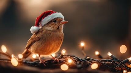 This adorable image shows a small bird in a Santa hat, surrounded by glowing lights, capturing the joyful and festive spirit of the holiday season.