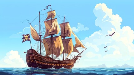 A ship sails on a clear blue day, with fluffy clouds.