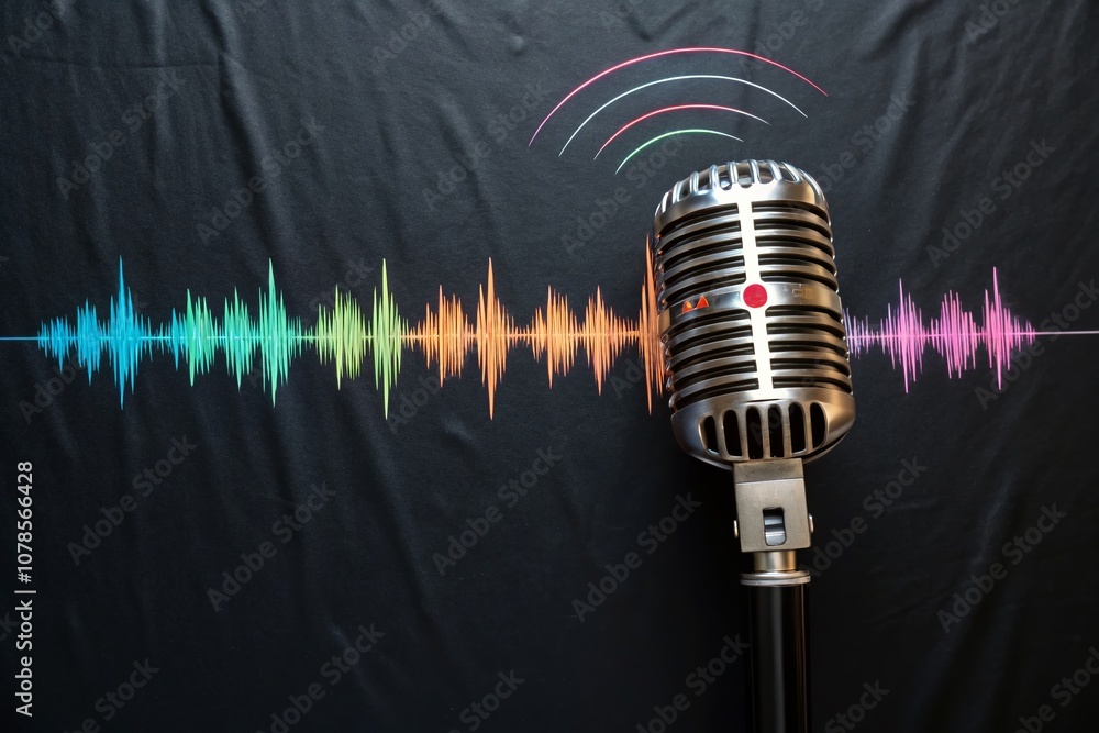 Poster panoramic view of a dynamic animated microphone with sound waves on a sleek black background, depict