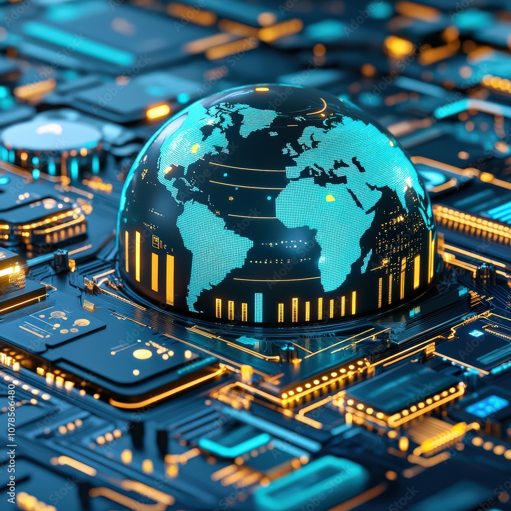Poster high-tech global network visualization on a circuit board with blue and orange accents, digital worl