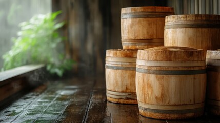 Rustic wooden barrels placed in a natural, misty setting of a winery or brewery, evoking nostalgia and craftsmanship, reminiscent of traditional methods.