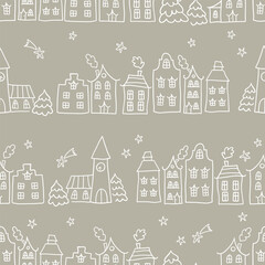 Fototapeta premium Cute hand drawn seamless doodle houses, christmas town with stars and decorated houses, great for banners, wallpapers, invitations - vector design