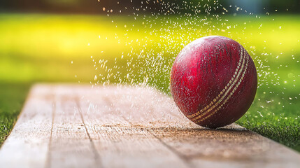 Red Cricket Ball on Wooden Pitch with Blurred Green Background in Morning Light