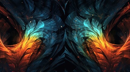 Abstract symmetrical pattern of fiery orange and blue wings with glittering particles on a dark background.