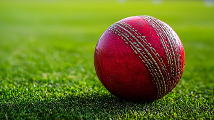 Red Cricket Ball on Green Field Close-up: Perfect Outdoor Sports Background
