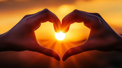 Fototapeta premium Hands forming heart shape around sunset glow