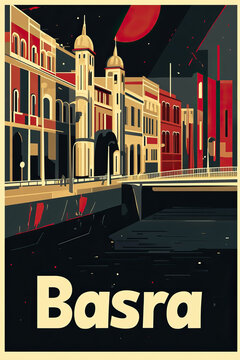 Basra, Iraq, modern vintage travel poster, wallpaper, background, banner, backdrop, retro card print. Trendy, artsy, simple, clear. Dark, red, blue, white, black