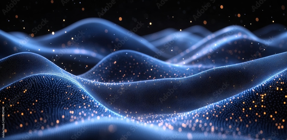 Poster a digital high tech abstract illustration with a futuristic wave wireframe of big data and a glowing