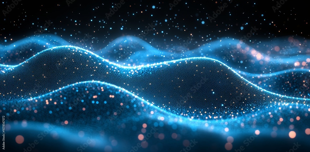 Poster in this illustration of a futuristic wave wireframe of big data and a glowing geometry square, you c