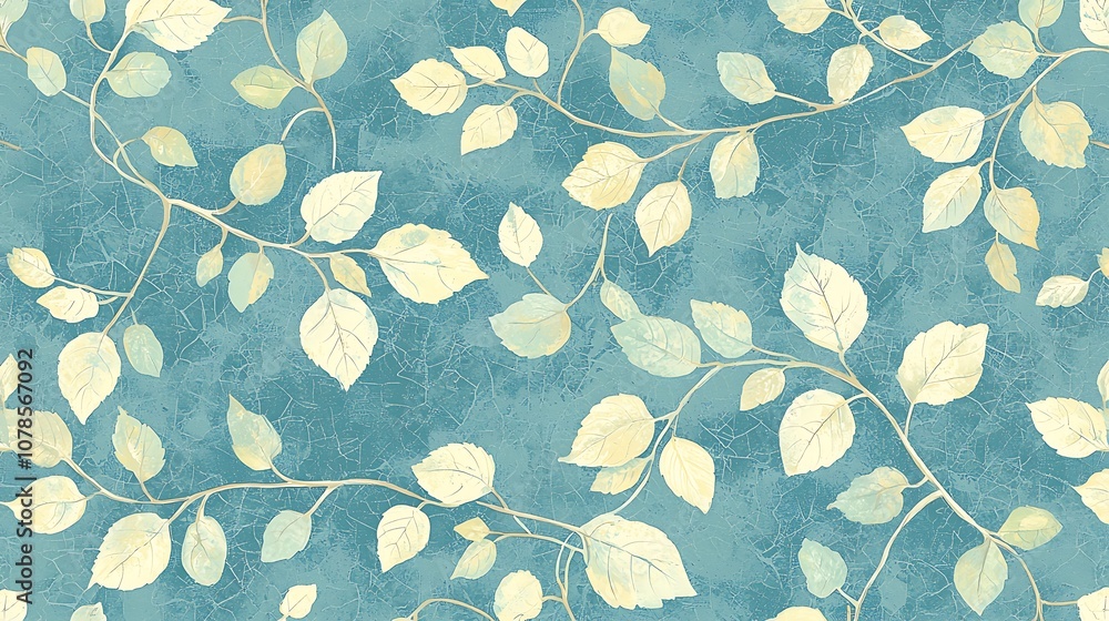 Poster delicate elegance of soft green and cream leaves on a subtle blue background creating a serene and c