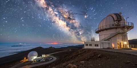 Panoramic View of a Space Observatory Capturing Interstellar Communication Signals from Distant Galaxies, Showcasing High-Tech Equipment Amidst Starry Skies and Cosmic Wonders