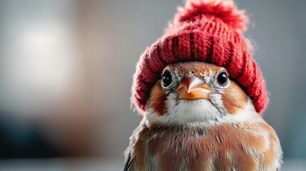 A small bird dons a knitted red hat, looking straightforward with a curious and charming gaze, capturing a blend of nature and whimsical fashion accessories.