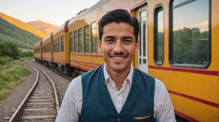 A man stands by a yellow train in a mountainous region