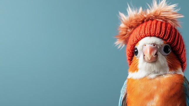 A charming bird features brilliantly colored orange plumage and a red knit cap, radiating warmth and style in a fashionable depiction of avian beauty.