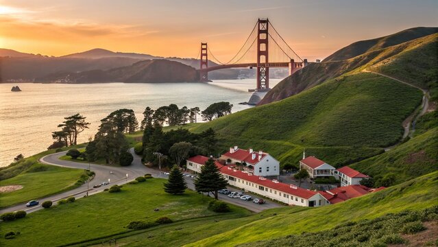 Panoramic View of Cavallo Point at Fort Baker, Sausalito with Stunning Golden Gate Bridge Backdrop and Vibrant Sunset Over the Bay