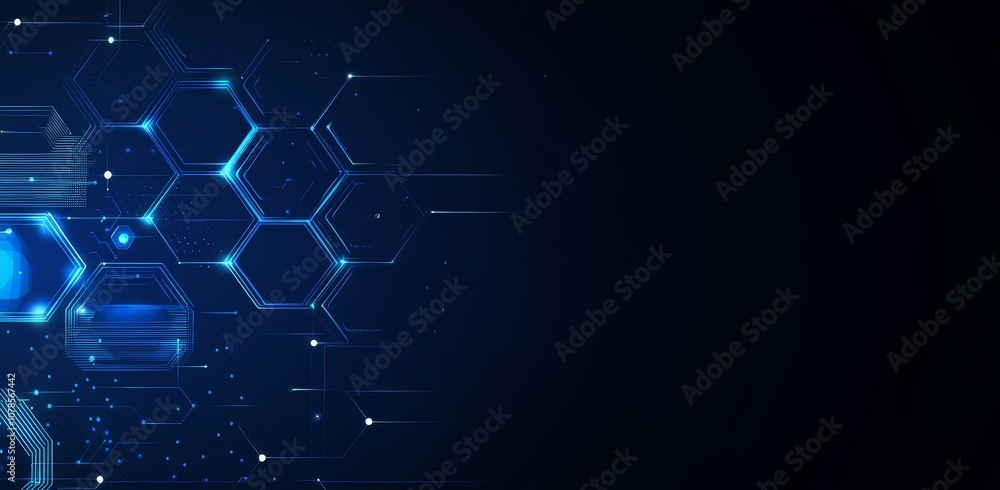 Poster graph of digital technology space with grid line circuits and hexagonal connections. concept of digi