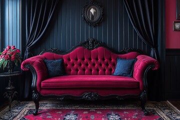 A red velvet sofa in a dark room with black curtains and wood paneling.