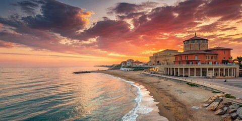 Naklejka premium Panoramic view of Rotonda A Mare seaside resort at sunrise in Senigallia, Marche region, Italy, capturing the beauty of the coastline and early morning light over the Adriatic Sea.