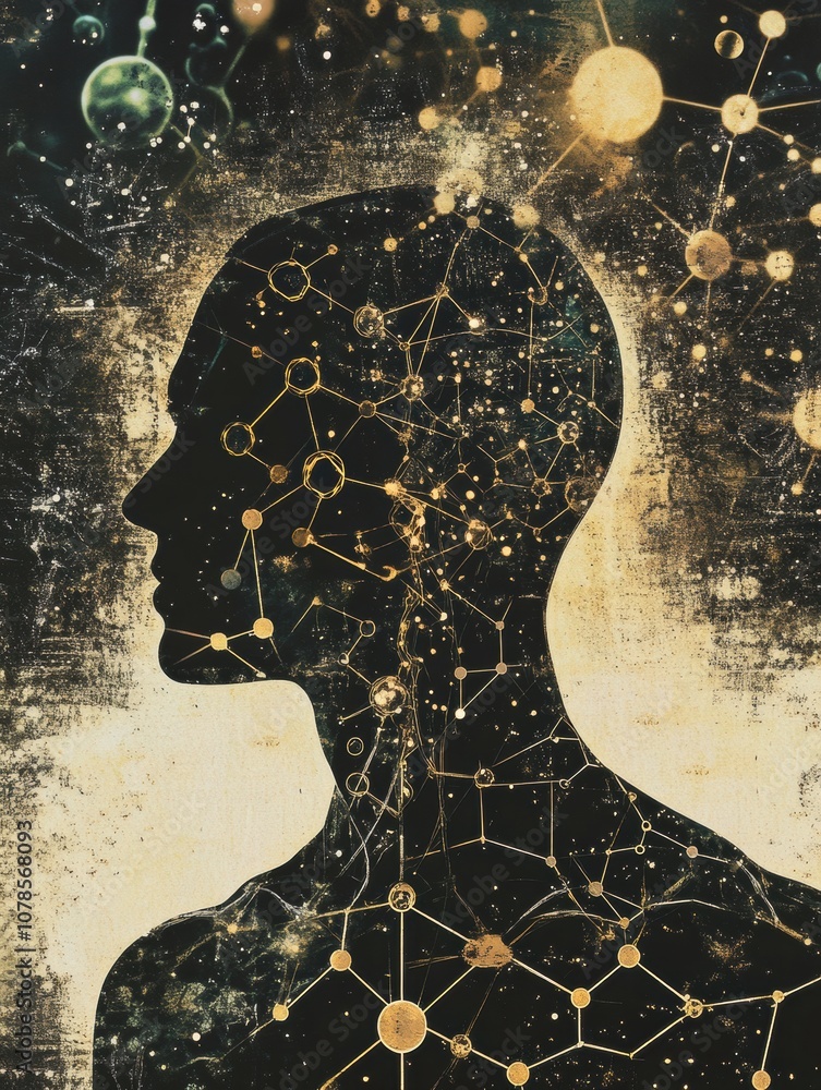 Aufkleber The silhouette of a person is surrounded by intricate diagrams and molecular structures, evoking a blend of science and human thought. Generative AI