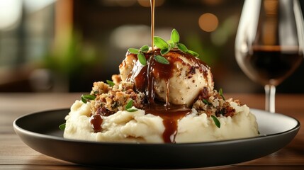 A luscious gourmet dish featuring chicken atop creamy mashed potatoes, laced with rich, glossy gravy and garnished with fresh herbs for a rustic culinary presentation.