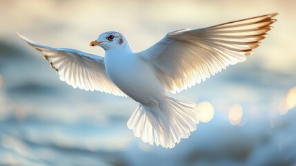 Naklejka premium A white seagull with wings outstretched flies over a blue and white ocean in the evening sun.