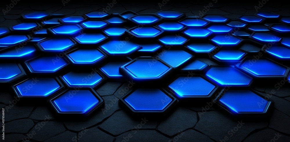 Poster the background of the design features a bright, glowing blue hexagonal pattern with a circuit networ