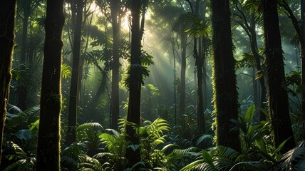 Sunbeams pierce through the dense canopy of a lush, green rainforest, illuminating the ancient trees and ferns.