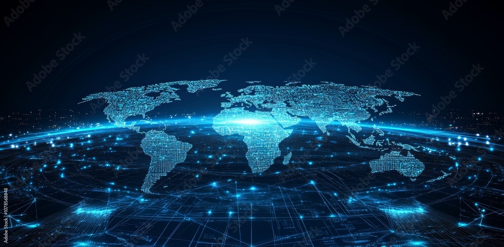 Poster illustration of a world map with a futuristic digital curve stripe and digital circuit. the concept 