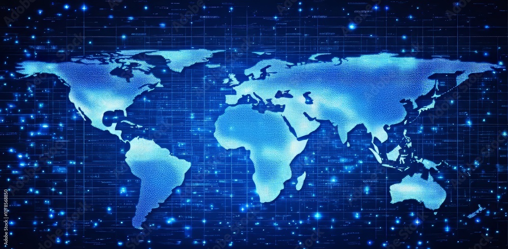 Aufkleber a world map with blue curve strips and digital circuits. the concept is digital global communication