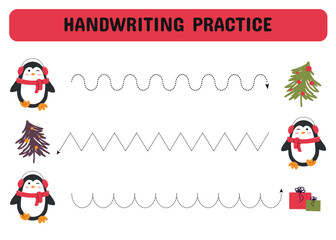 Handwriting practice with cute Christmas penguins. A tracing worksheet for children in kindergarten, preschool, and school. Fun and educational holiday activity.