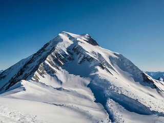A snow-capped mountain peak with a blue sky background