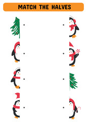 Obraz premium Match the halves with Christmas penguins . Education developing worksheet. Matching game for kids.Vector