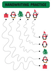Handwriting practice with Christmas penguins . Tracing worksheet for children of kindergarten, preschool and school age. Vector illustration