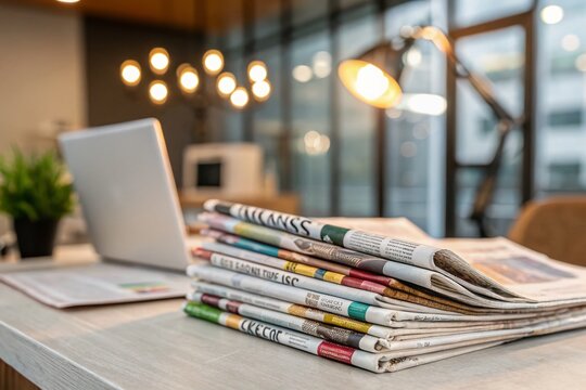 Pile of Newspapers on Office Table Showcasing Latest Financial and Business News with Bokeh Effect Highlighting Headlines, Articles, and Photos in Daily Papers