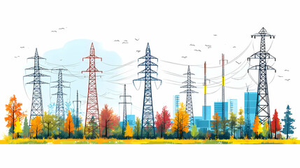 Illustration of Power Lines and Cityscape