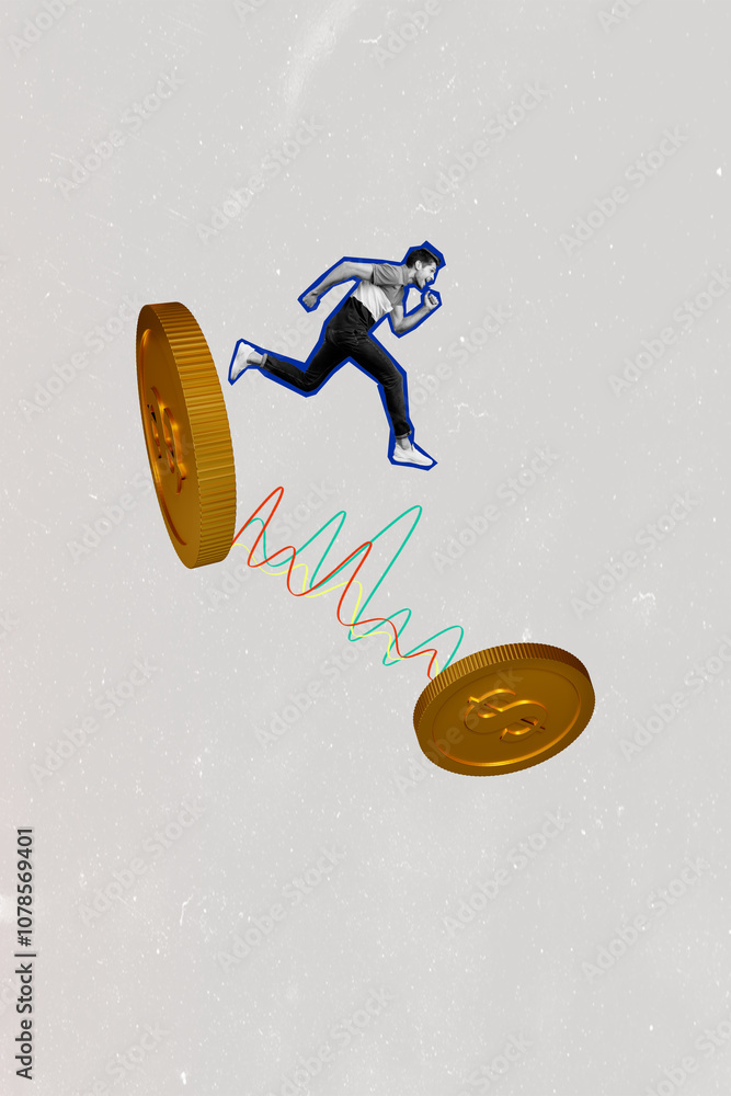 Poster vertical creative composite photo collage of excited young trader run to achieve financial goals iso