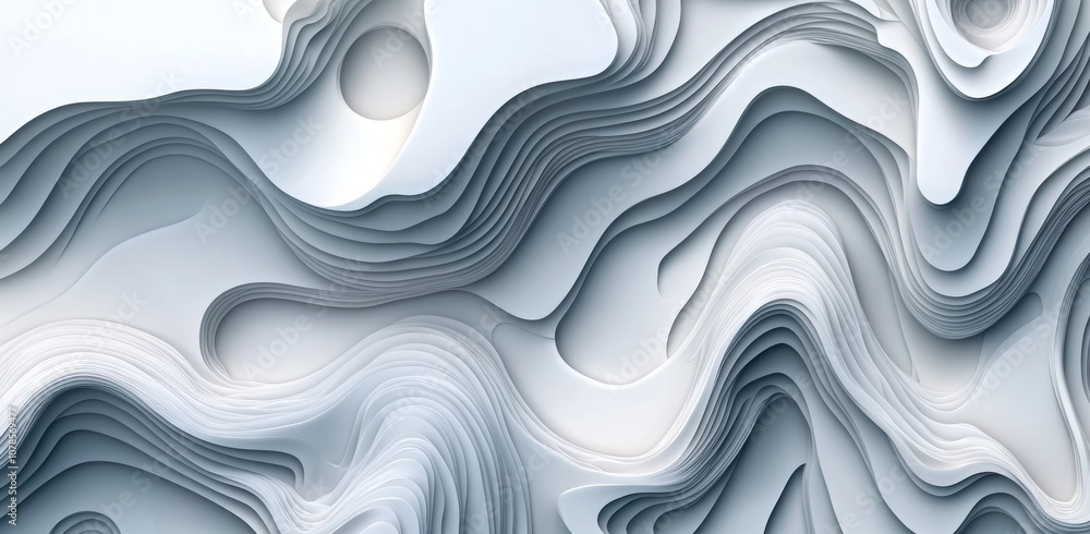 Poster An abstract stack of smooth surface curves flowing smoothly on a white interior and architecture artwork background.